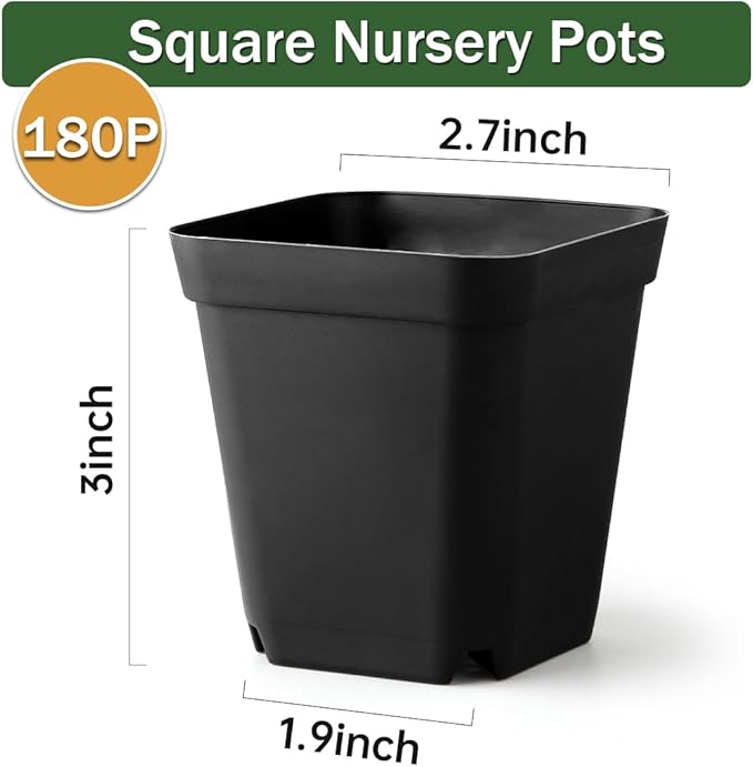 BTPLASTIK Square Nursery Pots 2.7 Inch 180 Pcs, Plastic Small Flower Pots with Drainage Holes, Sturdy Seedling pots for Planting, Cuttings (Black)