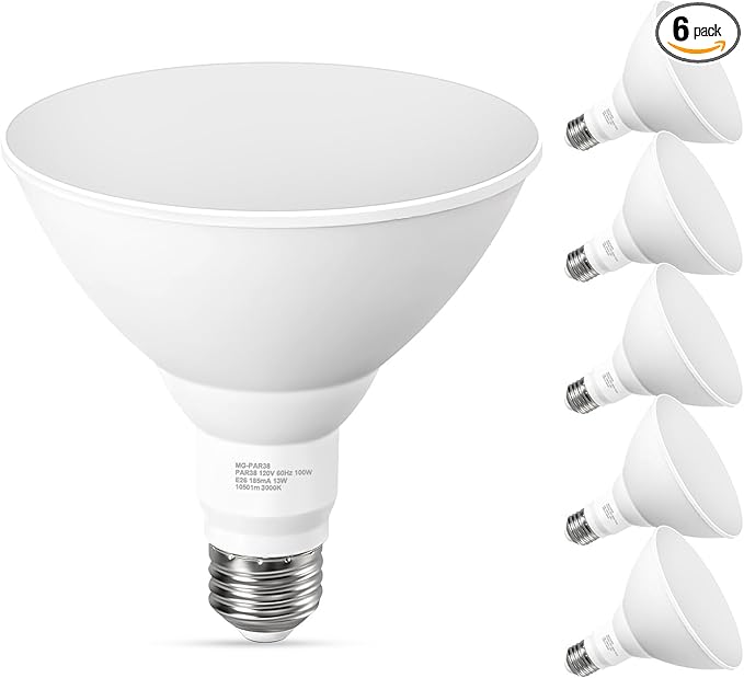 PAR38 Outdoor Flood Light Bulbs, LED Flood Light Bulb Warm White 3000K, 100W Equivalent, 1050LM, Dimmable E26 Base for Porch Garage Yard, 6 Pack