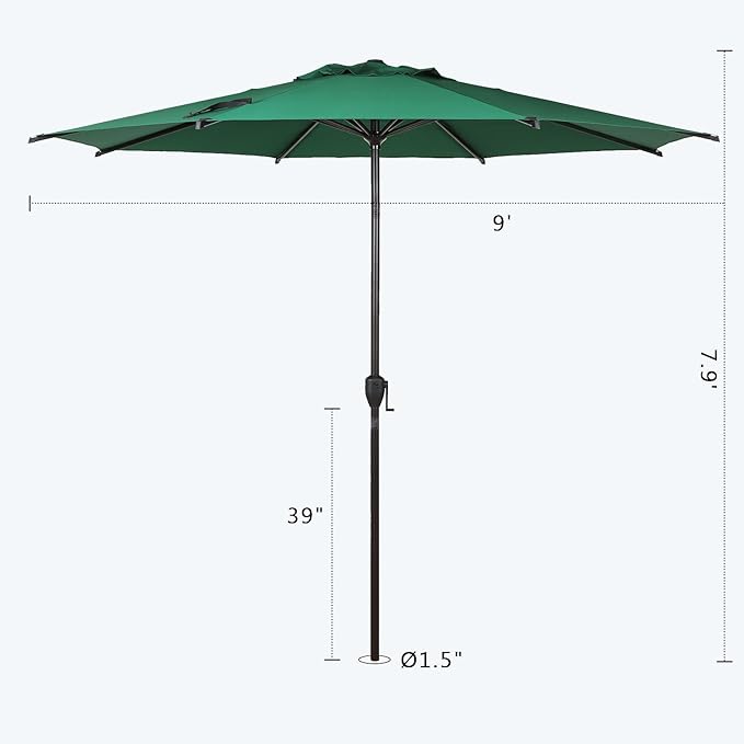 Abba Patio 9FT Lyon Outdoor Patio Umbrella Outdoor Table Umbrella with Push Button Tilt and Crank Market Umbrella 8 Sturdy Ribs UV Protection Waterproof for Garden Deck Backyard Pool Dark Green