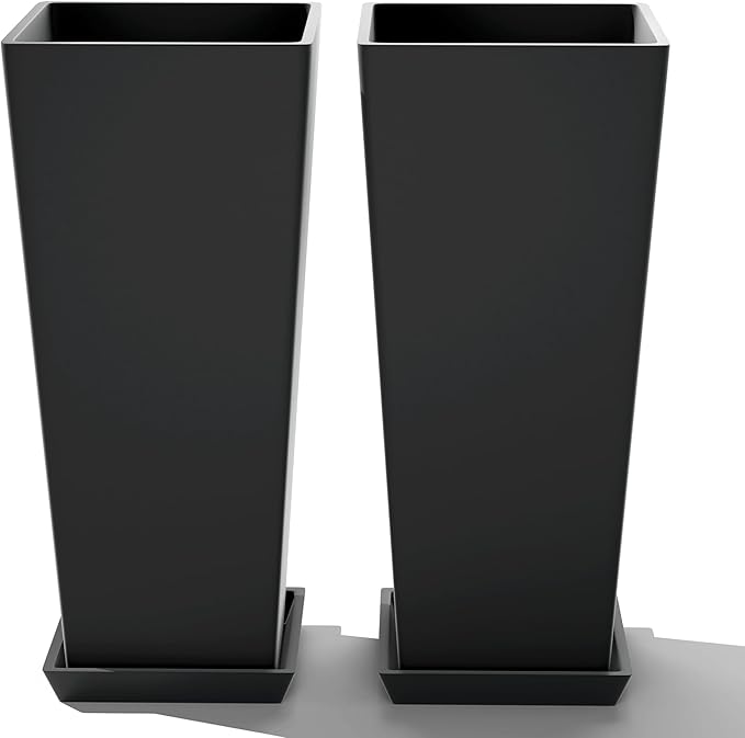 FENCY Set of 2 Tall Planters for Outdoor Plants, 24 Inch Large Tapered Pots with Drainage Trays, Weather-Resistant Plastic Plant Containers for Patio, Porch, Garden, Front Door Decor,Black