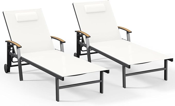 Ciokea Outdoor Lounge Chair with Pillow Set of 2, 5-Position Aluminum Chaise Lounge with Wheels & Armrests, 400 lbs Heavy Duty Patio Pool Chair for Backyard, Deck, Beach & Poolside, White
