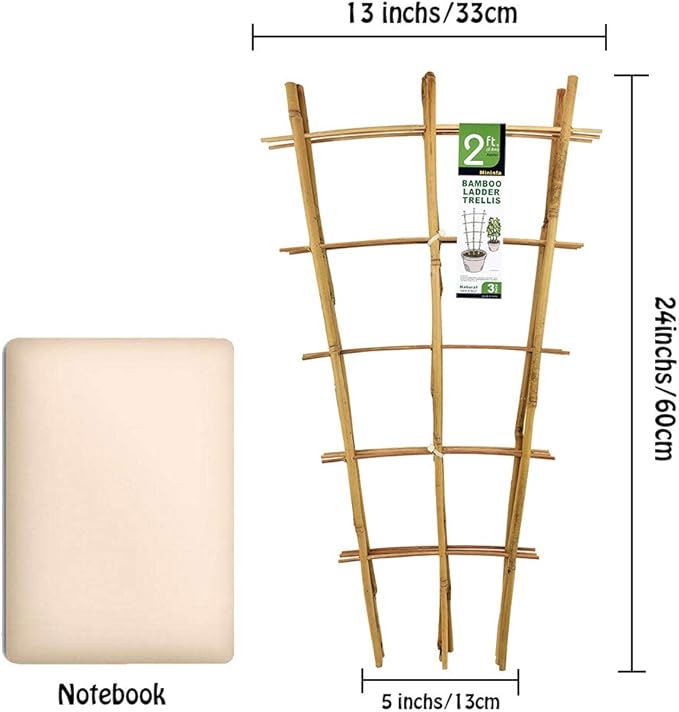 Natural Bamboo Trellis 24 Inches Tall, Mininfa Garden Ladder Trellis, Plant for Climbing Plants, Vegetables, Pots - 3 Pack