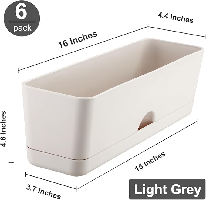 6 Pack Rectangle Planter 16x4.4 Inch Window Boxes Planters Rectangular Large Window Sill Planters Indoor Self Watering Plant Pots with Drainage Holes and Saucers Succulent Herb Flower Pots, Light Grey
