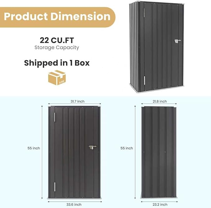 Greesum Outdoor Metal Storage Cabinet, 55'' Lockable Tall Shed, Vertical Tool Organizer Without Shelves for Garage, Patio, Backyard, Home & Lawn, Black