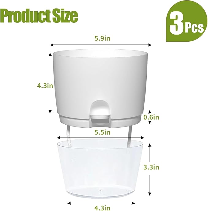 6 Inch Self Watering Plastic Plant Pots for Indoor Plants - 3 Pack White Orchid Planters with Wick Ropes & Drainage Holes, Modern Decorative Garden Pots with Water Reservoir