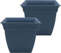 The HC Companies 12 Inch Eclipse Square Planter Pots with Drainage Holes & Attached Saucer, Lightweight UV-Resistant Plastic Indoor Outdoor Planters, 2-Pack Flower Pots, Garden Home Decor, Slate Blue