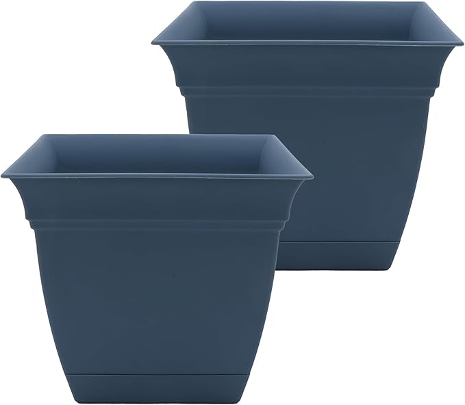 The HC Companies 12 Inch Eclipse Square Planter Pots with Drainage Holes & Attached Saucer, Lightweight UV-Resistant Plastic Indoor Outdoor Planters, 2-Pack Flower Pots, Garden Home Decor, Slate Blue