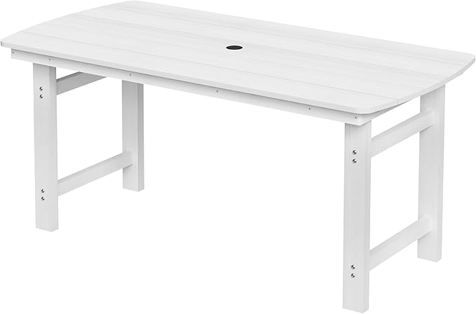 Outdoor Rectangle Dining Table, Heavy-Duty HDPE Table for 6, Weatherproof Patio Table with Umbrella Hole, Rounded Corners for Safety, White