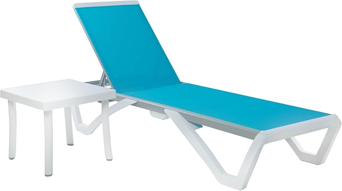 Kozyard Outdoor Chaise Lounge Chair, Full Flat Adjustable Patio Lounger with Aluminum Frame & Resin Legs, Textilene Fabric for Poolside, Backyard & Beach (Aqua/WhiteFrame, Chair + Table)