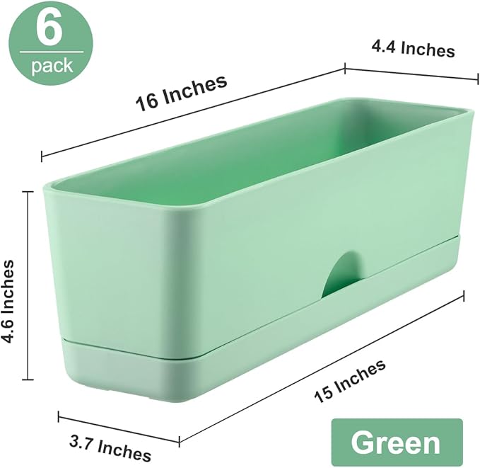 6 Pack Rectangle Planter 16x4.4 Inch Window Boxes Planters Rectangular Large Window Sill Planters Indoor Self Watering Plant Pots with Drainage Holes and Saucers Succulent Herb Flower Pots, Green