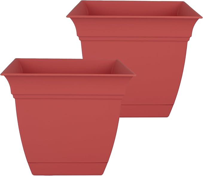 The HC Companies 12 Inch Eclipse Square Planter Pots with Drainage Holes & Attached Saucer, Lightweight UV-Resistant Plastic Indoor Outdoor Planters, 2-Pack Flower Pots for Garden & Home Decor, Rose