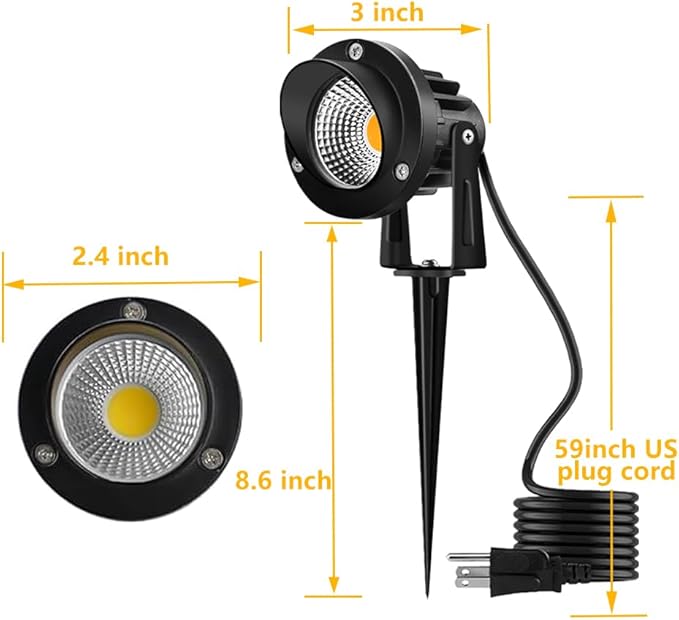Romwish 120V LED Landscape Spotlights, 10W Outdoor Spotlights for Yard, 3000K Warm White, 120V AC Spot Light with Ground Spike, Waterproof Landscape Lighting for House Garden Lawn Decorative - 2 Pack
