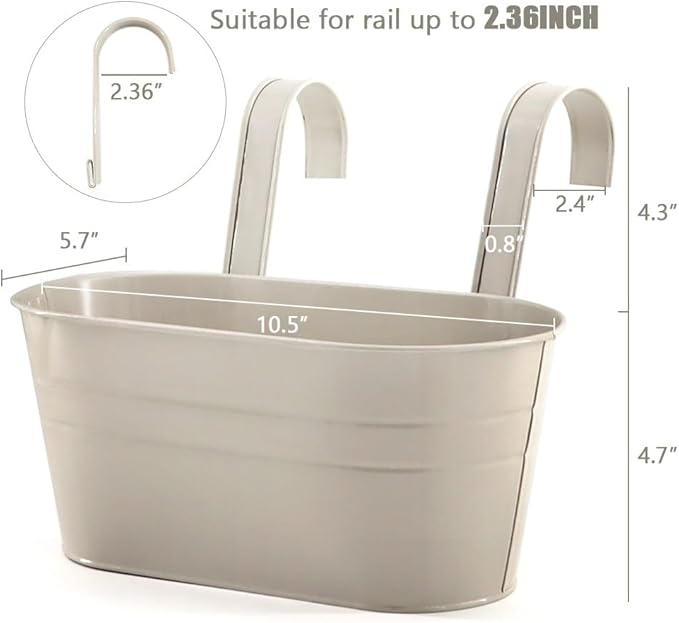 3 Pack Metal Railing Planters, 10.5" Oval Hanging Flower Pots with Detachable Hooks & Drainage Holes, Fits Rails up to 2.36", Galvanized Iron Fence Bucket for Balcony Garden Patio - Gray