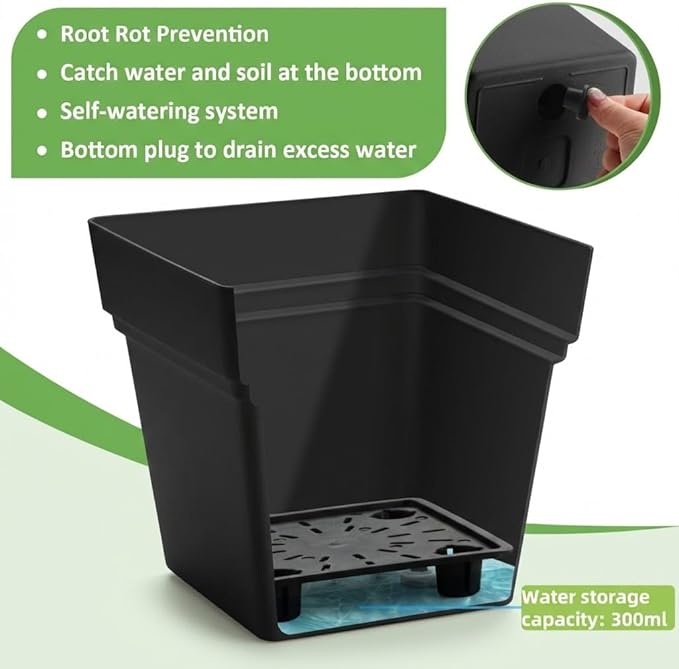 6-Pack 7'' Square Planters with Built-in Drainage Tray – Heavy-Duty Black Plastic Planter with Drainage Hole and Bottom Stopper, BPA-Free Plant Pots Matte Finish for Indoor Outdoor