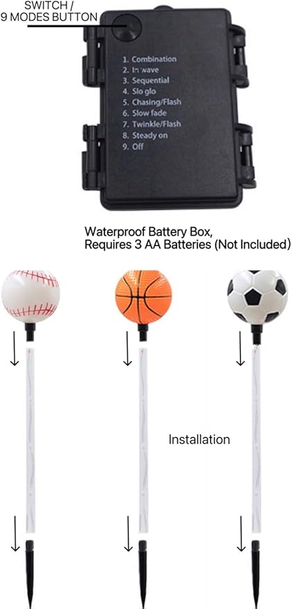 Battery Powered Garden Sports Ball Theme Party Stake Lights Soccer Basketball Football Baseball Mixed LED Landscape Path Lights Indoor/Outdoor Christmas Festival Home Patio Decoration Lamps