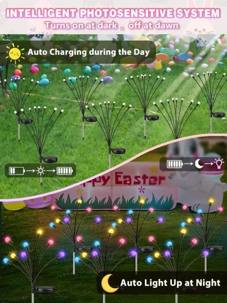 Albelt Easter Day Decorations Outdoor, 6 Pack Solar Firefly Lights Outdoor, 48 LED Waterproof Pastel Solar Garden Lights with 2 Modes for Easter Day Spring Yard Patio Pathway Decorations (Multicolor)