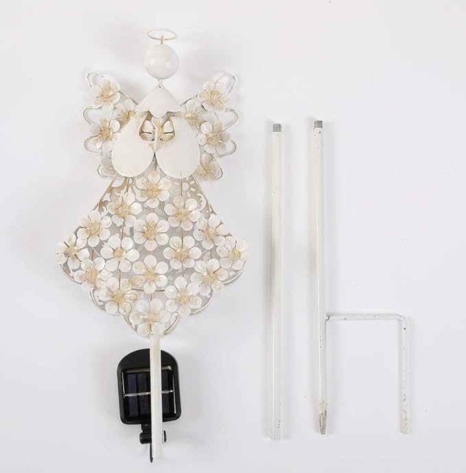 Solar White Angel Garden Stake Lights - Metal Hydrangea Memorial Gift With 27 LEDs - Perfect for Remembrance and Sympathy (7.7" W x 40.5" H)