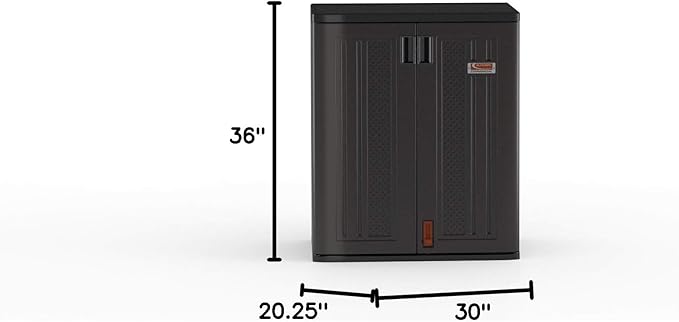 Suncast Heavy-Duty Resin Outdoor Storage Cabinet, 30" W x 20.25" D x 36" H Dark Grey Base Garage Storage Cabinet with Lockable Doors and Metal Reinforced Shelves, Made in The USA