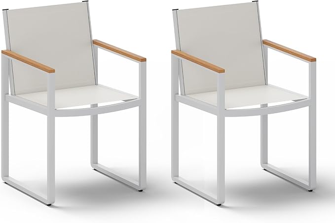 Outdoor Dining Chairs Set of 2, Aluminum Patio Dining Chiars with Textilene Mesh, 2 Piece Outdoor Chiars for Garden, Backyard, Deck (White-Teak)