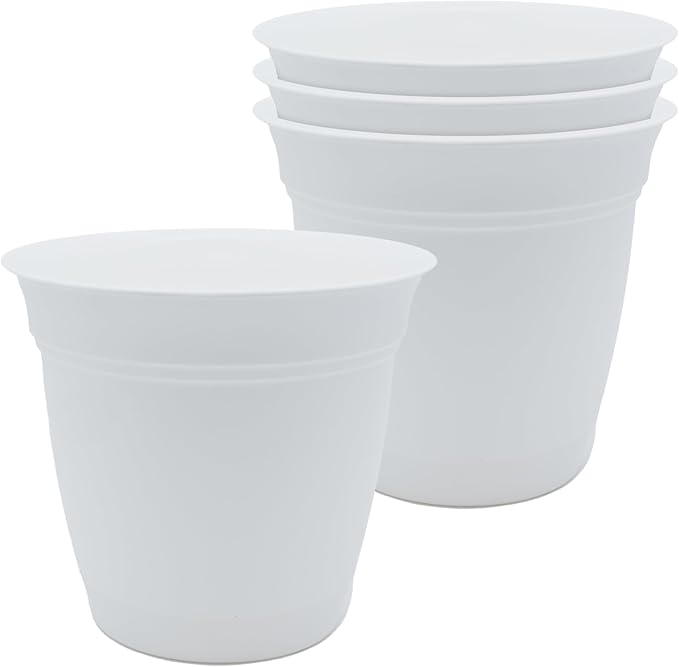 The HC Companies 8 Inch Eclipse Round Planter Pots with Drainage Holes & Attached Saucer, Lightweight UV-Resistant Plastic Indoor & Outdoor Planters, 4-Pack Flower Pots for Garden & Home Decor, White