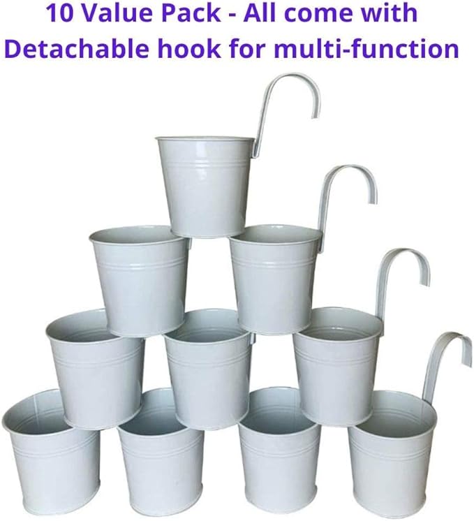 LaLaGreen 6 Inch Hanging Planter Iron - 10 Pack, White Large Metal Flower Pot Over Rail Balcony Railing Hanging Buckets for Plants Outdoor Fence Wall Herb Garden Succulent Outside Deck Patio Porch