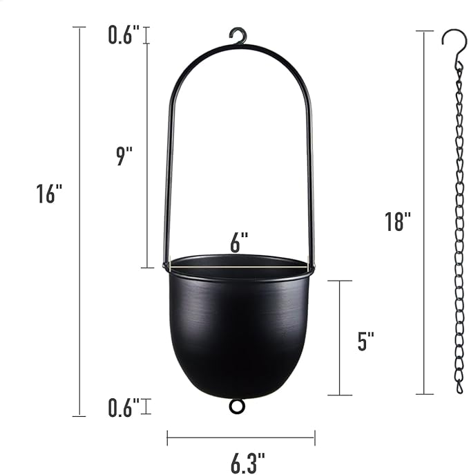 Stackable Metal Hanging Planters, Set of 2 Black Oval Plant Hangers with 6 inch Flower Pots, Modern Wall and Ceiling Plant Holders for Indoor Outdoor Plants Home Décor