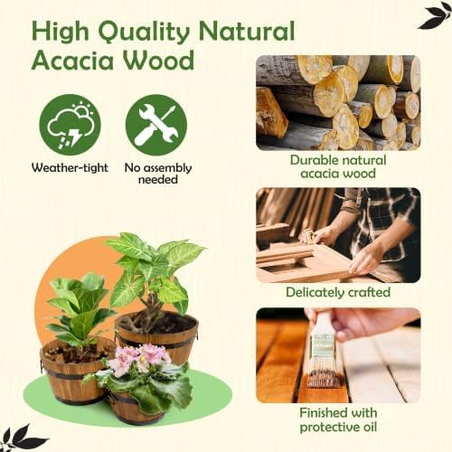 Idzo Set of 3 Wooden Upgraded Brown Orange Flower Boxes Outdoor, Durable Acacia Wood Barrel Planters for Outdoor Plants with Ergonomic Handles, Drainage Holes, Multiple Sizes Wood Bucket Planter