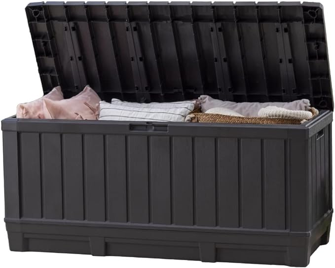 Keter Kentwood 92 Gallon Resin Deck Box-Organization and Storage for Patio Furniture Outdoor Cushions, Throw Pillows, Garden Tools and Pool Floats, Dark Grey