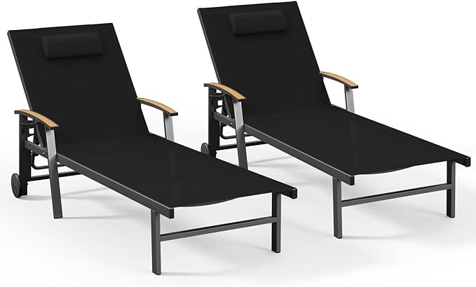 Ciokea Outdoor Lounge Chair with Pillow Set of 2, 5-Position Aluminum Chaise Lounge with Wheels & Armrests, 400 lbs Heavy Duty Patio Pool Chair for Backyard, Deck, Beach & Poolside, Black