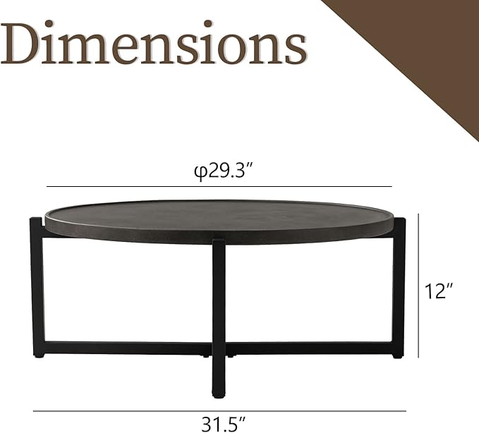 COSIEST Small Round Outdoor Coffee Table Dark Grey, 12''Hx31.5'''All-Weather Concrete Top Patio End Table W Metal Frame for Garden, Balcony and Living Room