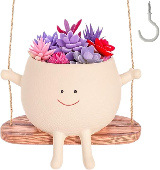Swing Face Hanging Planter Pot with Drainage Hole - Resin Smiley Flower Pot for Indoor/Outdoor, Pearl Plants & Succulents, for Mothers, Holiday Décor