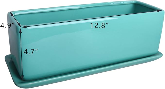Vencer 12 Inch Rectangular Modern Minimalist Ceramic Succulent Planter Pot - Window Box with Saucer,Office Desktop Potted Stand,Turquoise,VF-0135T