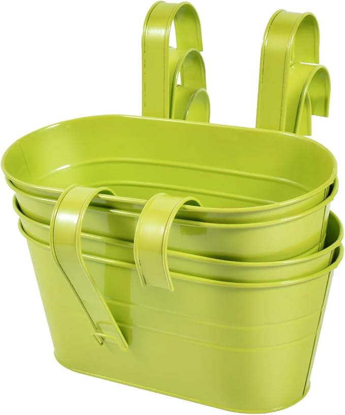 OBTANIM 4 Pack Metal Hanging Flower Pots Iron Railing Planter Outdoor Fence Hanging Pots Bucket Plant Holder with Detachable Hooks Drain Holes for Home Garden Yard Decor (Green)
