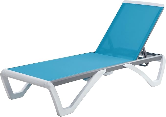 Kozyard Outdoor Chaise Lounge Chair, Full Flat Adjustable Patio Lounger with Aluminum Frame & Resin Legs, Textilene Fabric for Poolside, Backyard & Beach (Aqua/WhiteFrame, Chair Without Table)