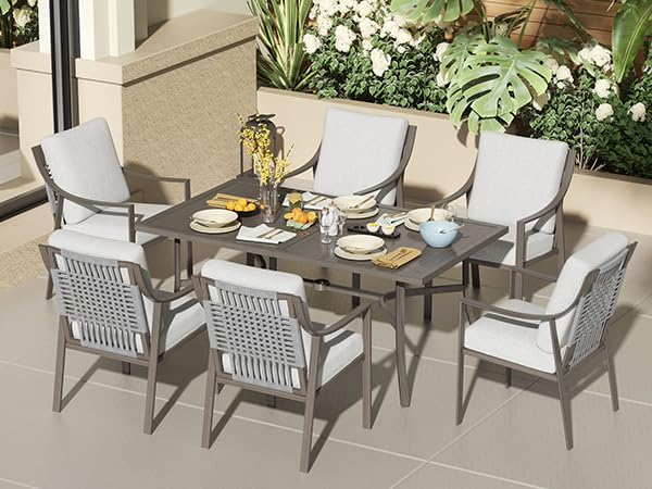 NATURAL EXPRESSIONS 7 Piece Patio Dining Table Outdoor Furniture Set for 6, 6Pcs Fixed Dining Chairs with Olefin Cushions, 65”Large Dining Table with Umbrella Hole