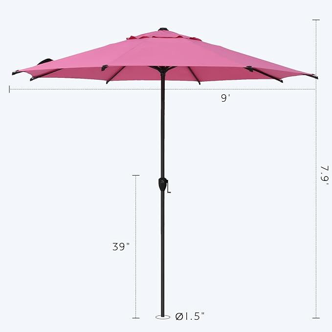 Abba Patio 9FT Lyon Outdoor Patio Umbrella Outdoor Table Umbrella with Crank Market Umbrella 8 Sturdy Ribs UV Protection Waterproof and Push Button Tilt for Garden Deck Backyard Pool,Pink