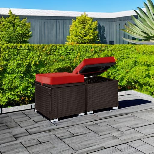 Best Choice Products Set of 2 Wicker Ottomans, Multipurpose Outdoor Furniture for Patio, Backyard, Additional Seating, Footrest, Side Table w/Storage, Removable Cushions - Red/Brown