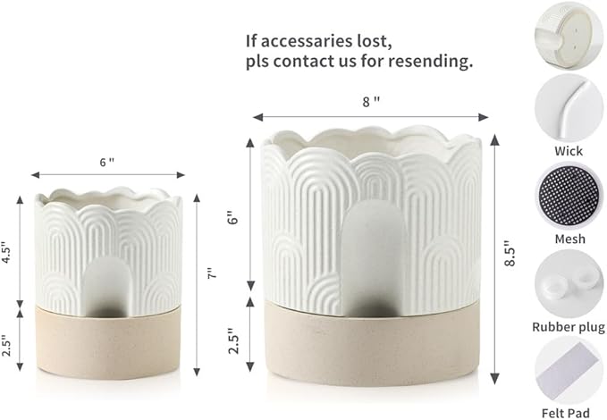 Nihow Self Watering Plant Pot for Indoor Plants : 6 Inch & 8 Inch Ceramic Planter with Drainage Hole & Water Storage - Relief Design Beige & Nature Flower Pot -Set of 2