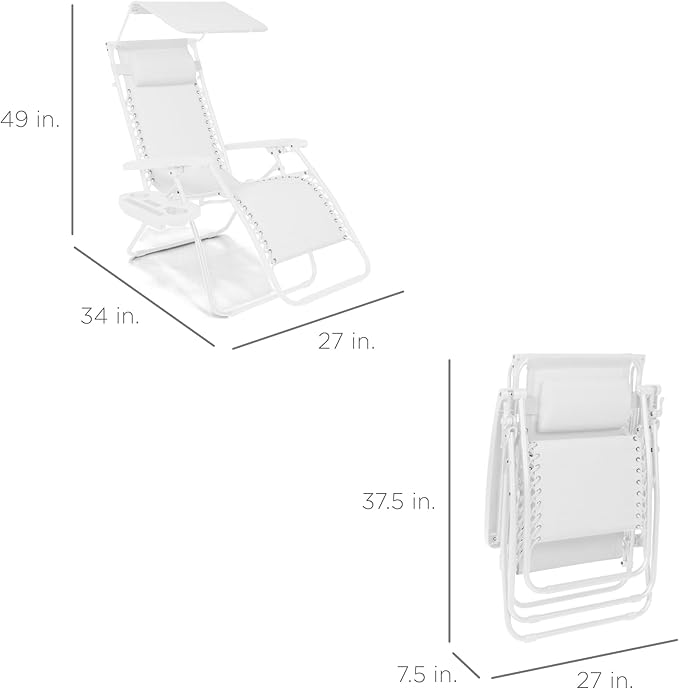 Best Choice Products Folding Zero Gravity Outdoor Recliner Patio Lounge Chair w/Adjustable Canopy Shade, Headrest, Side Accessory Tray, Textilene Mesh - Snow