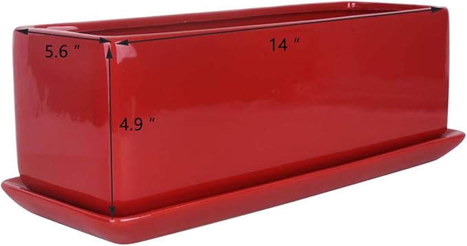 Vencer 14 Inch Rectangular Modern Minimalist Ceramic Succulent Planter Pot - Window Box with Saucer,Office Desktop Potted Stand,Red,VF-0173R