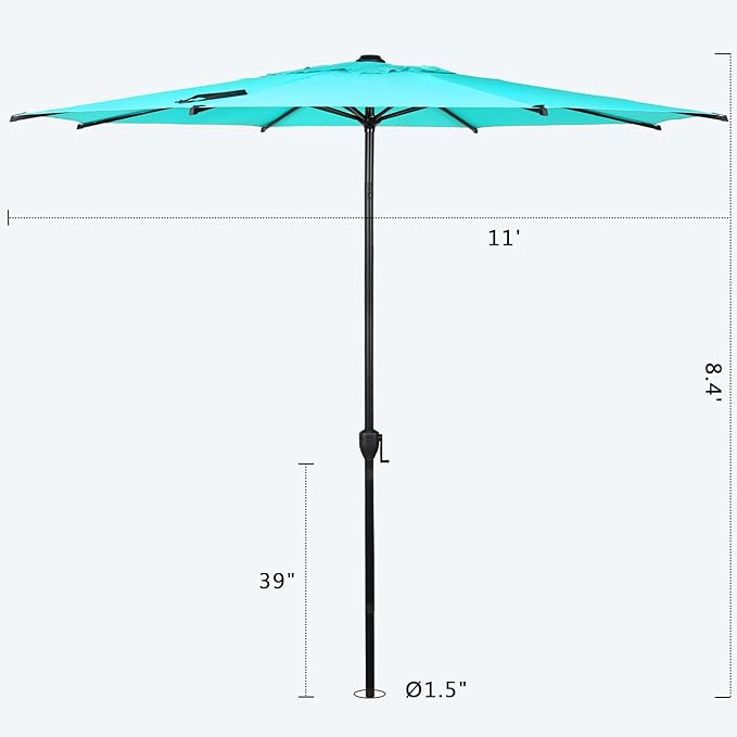 Abba Patio 11FT Lyon Outdoor Patio Umbrella Outdoor Table Umbrella with Push Button Tilt and Crank Market Umbrella 8 Sturdy Ribs UV Protection Waterproof for Garden Deck Backyard Pool, Turquoise