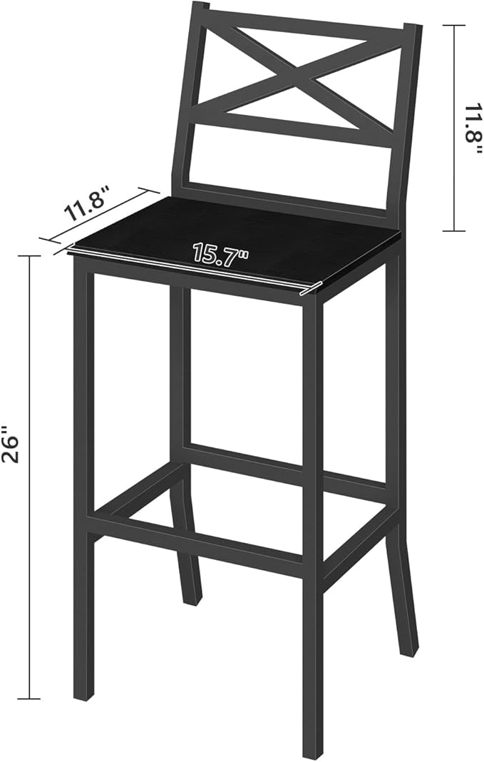 Bar Stools, Set of 2 Bar Chairs with Backrest and Footrest, 26" Tall Counter Bar Stools, Kitchen Breakfast Bar Chairs, Easy Assembly, for Dining Room, Black BAHB0901N1