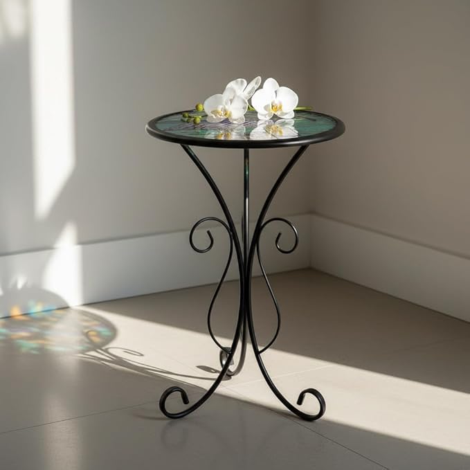 LIFFY Outdoor Side Table, 12" Glass Pelican Tabletop Patio Tables with Metal Frame, 21" Height Indoor Small Round Home Decorative Plant Stand Outside for Garden Patio Yard Porch