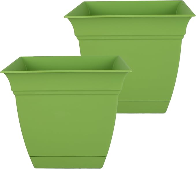The HC Companies 12 Inch Eclipse Square Planter Pots w/Drainage Holes & Attached Saucer, Lightweight UV-Resistant Plastic Indoor Outdoor Planters, 2-Pack Flower Pots, Garden Home Decor, Peridot Green