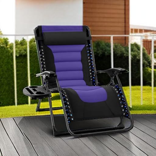 Best Choice Products Oversized Padded Zero Gravity Chair, Folding Outdoor Patio Recliner, XL Anti Gravity Lounger for Backyard w/Headrest, Cup Holder, Side Tray, Polyester Mesh - Black/Purple
