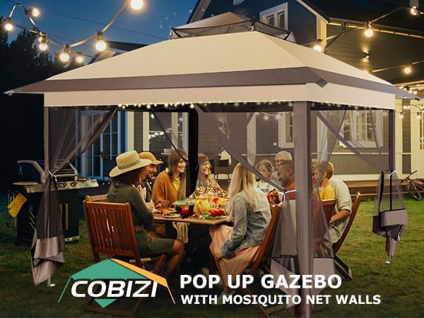 COBIZI 11x11 FT Pop up Gazebo Canopy Tent - Outdoor pop up gazebos on Clearance,carpas para Patio,Shelter - Screen Tents with Portable Carry Bag,Patio Gazebos for Camping,Garden,Deck,Backyard,Brown