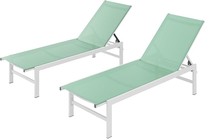 Outdoor Lounge Chairs Set of 2, Aluminum Patio Chaise Lounge Chairs with 5-Position Recliner, Pool Lounge Chairs for Backyard, Poolside, Deck, Lawn (LightGreen)