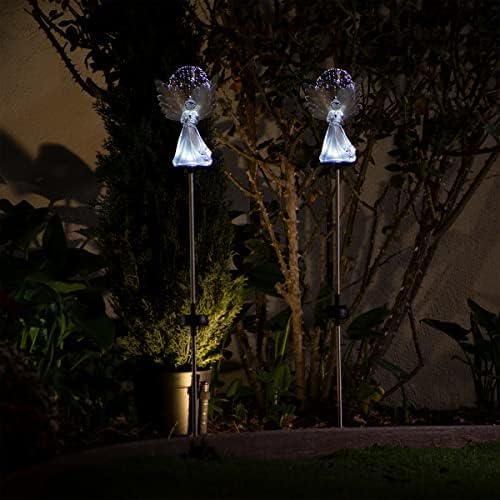 Alpine Corporation 37”H Outdoor Solar Angel Garden Stakes with Fiber Optic Wings and LED Lights (Set of 2)