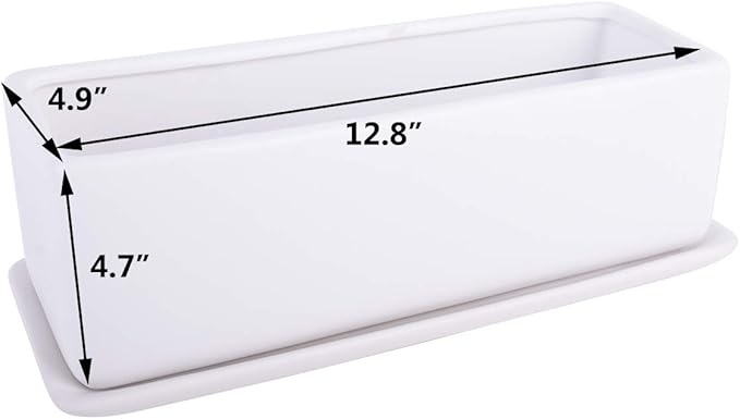 Vencer 12 Inch Rectangular Modern Minimalist Ceramic Succulent Planter Pot - Window Box with Saucer,Office Desktop Potted Stand,White,VF-0135