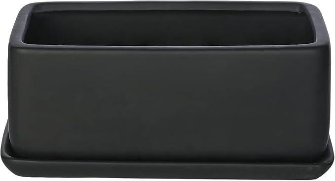 MyGift 10 Inch Matte Black Ceramic Indoor Plant Pot Succulent Planter, Decorative Flower Planter with Drainage Hole and Removable Tray